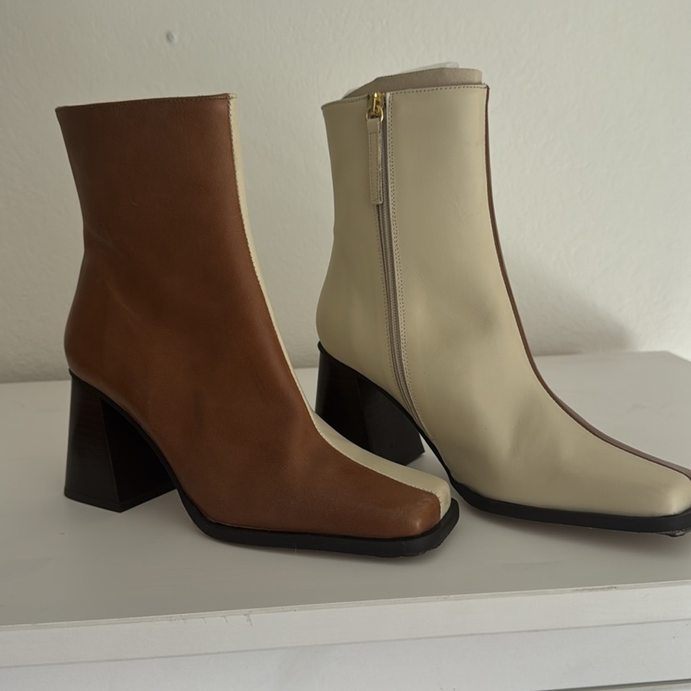 Two-Tone Brown and Cream Women's Ankle Boots - Picture 2 of 4